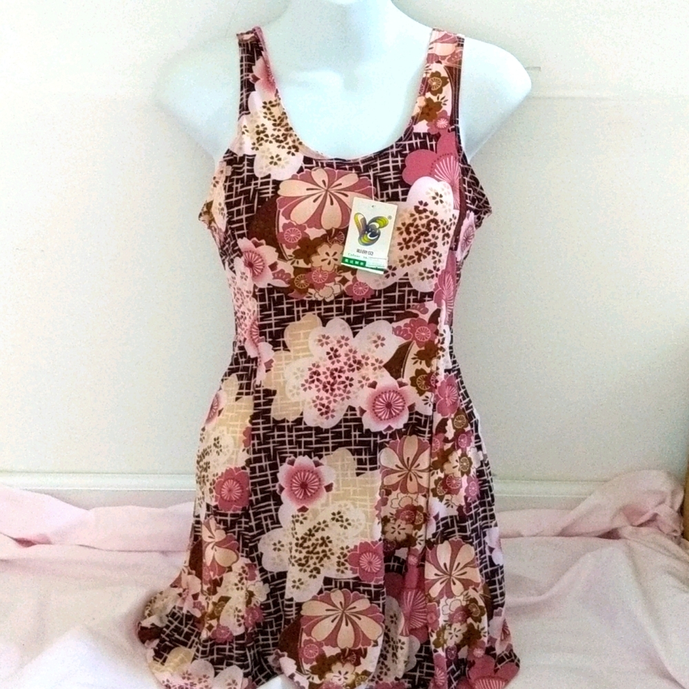 One Piece Swimsuit Dress Floral Pink and Brown